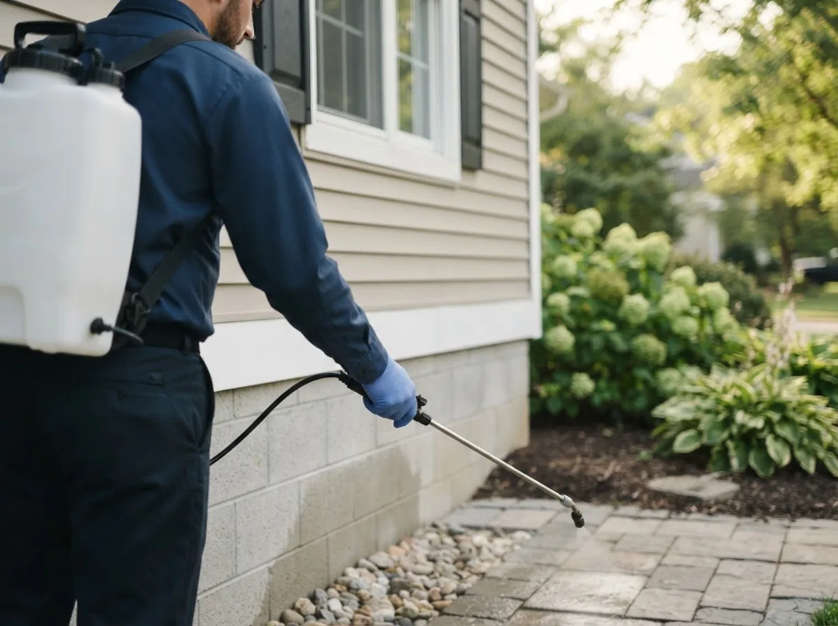 Pest control technician inspecting a home in Quitman, GA